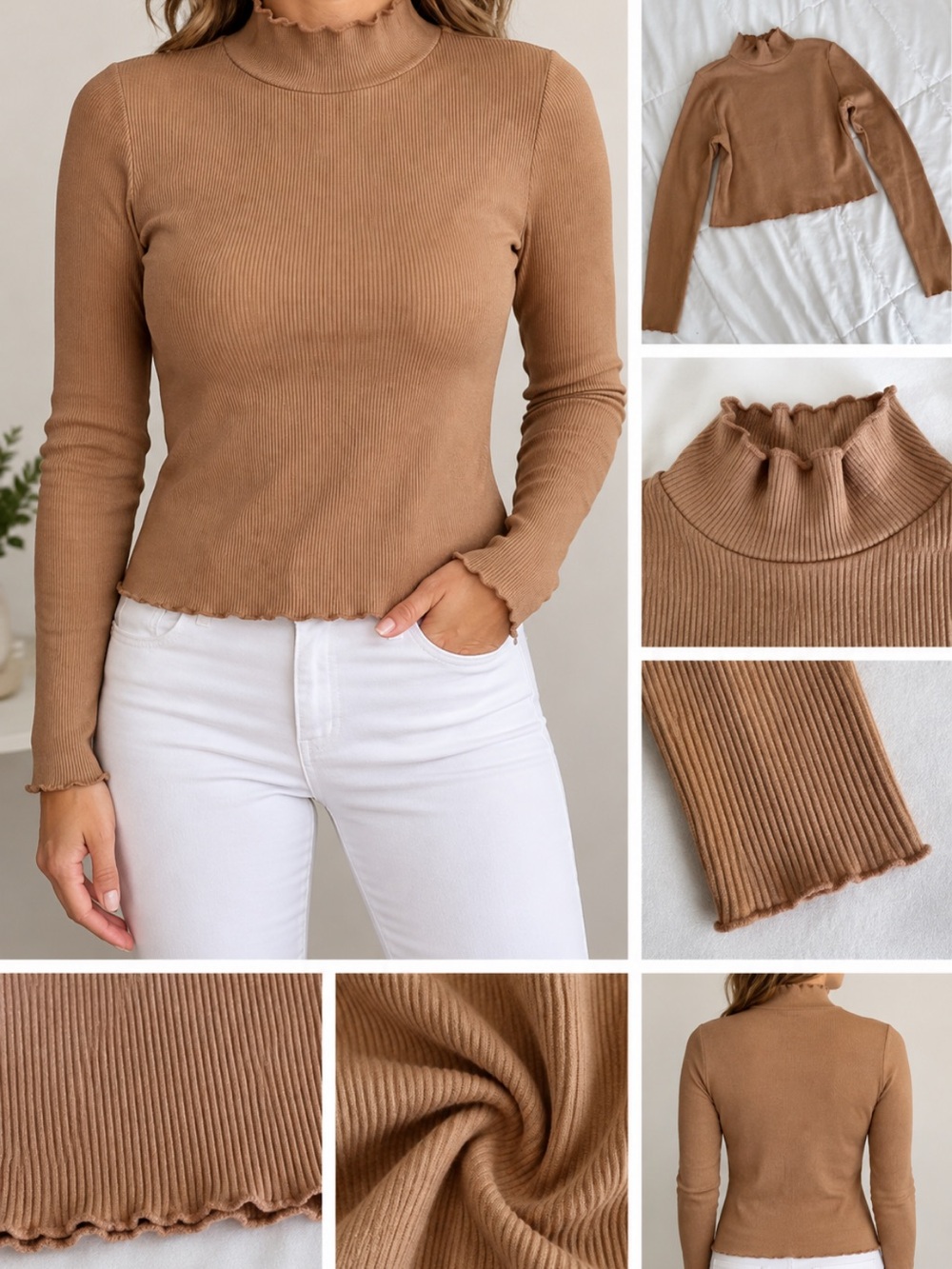 aerie Ribbed Mock Neck Long Sleeve Crop Top - Camel